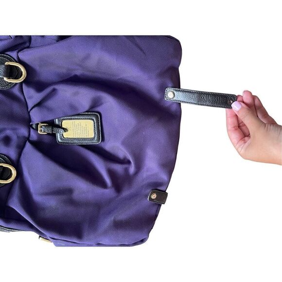 JPK Womens Purple Gold Tone Nylon Top Zip Closure Leather Double Handle Handbag - Picture 7 of 11